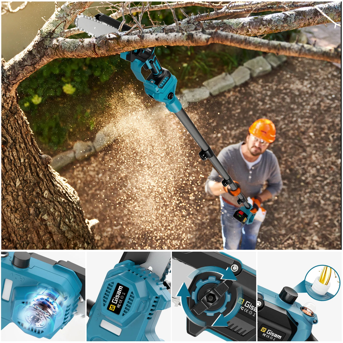 Tronçonneuse té lescopique électrique sans fil Gisam 2 en 1 avec moteur sans balais, outil d'élagage de jardin pour branches hautes, compatible avec batterie Makita 18V