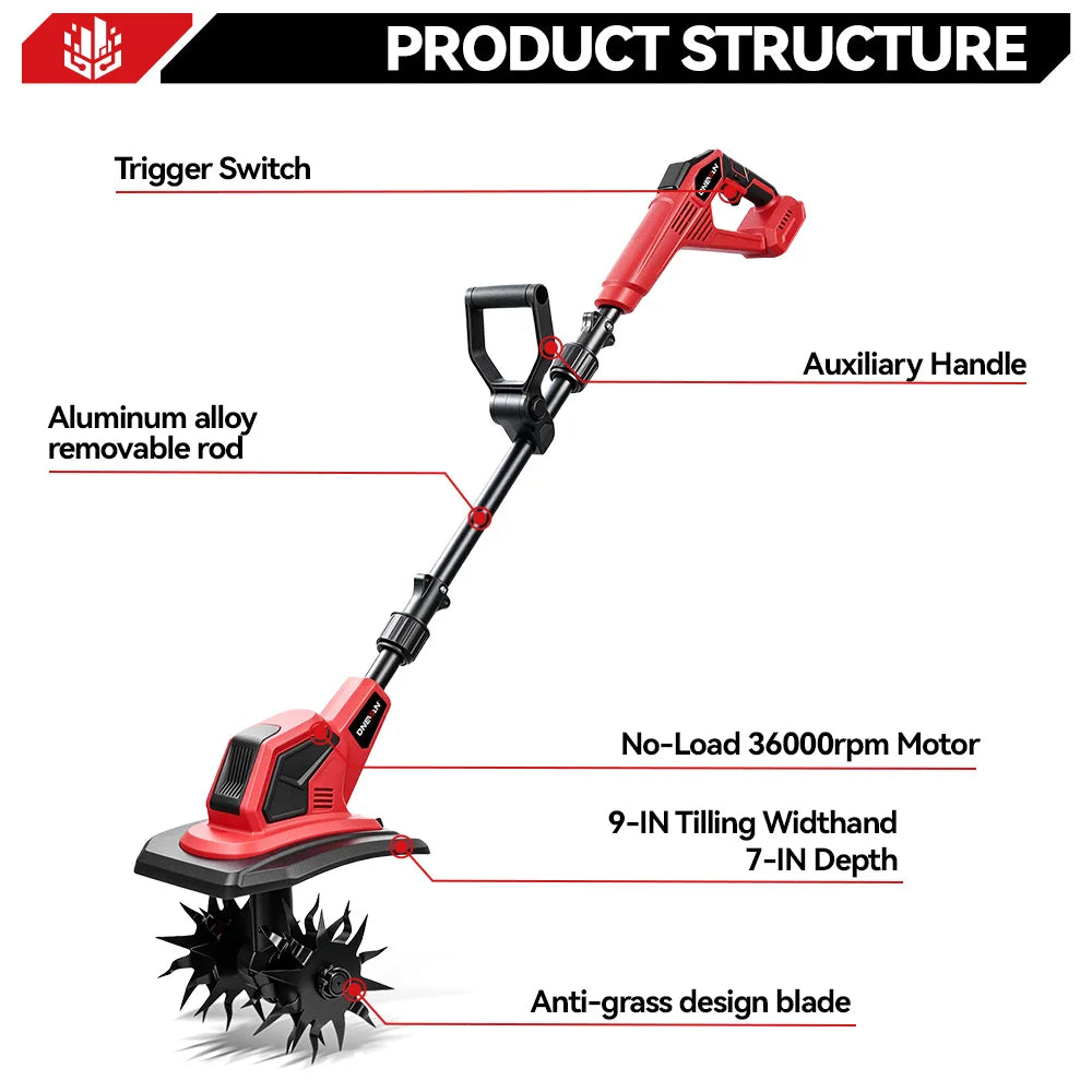 Motobineuse électrique sans balais ONEVAN 36000 tr/min, cultivateur, tondeuse à gazon, motoculteur pour le travail du sol, outil compatible avec batterie Makita 18V