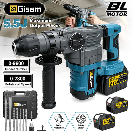 Gisam 5.5J Brushless Electric Hammer High Impact Rotary Hammer Demolition Heavy Duty Hammer Drill Concrete Chipping Chiseling Power Tool for Makita Battery Pin