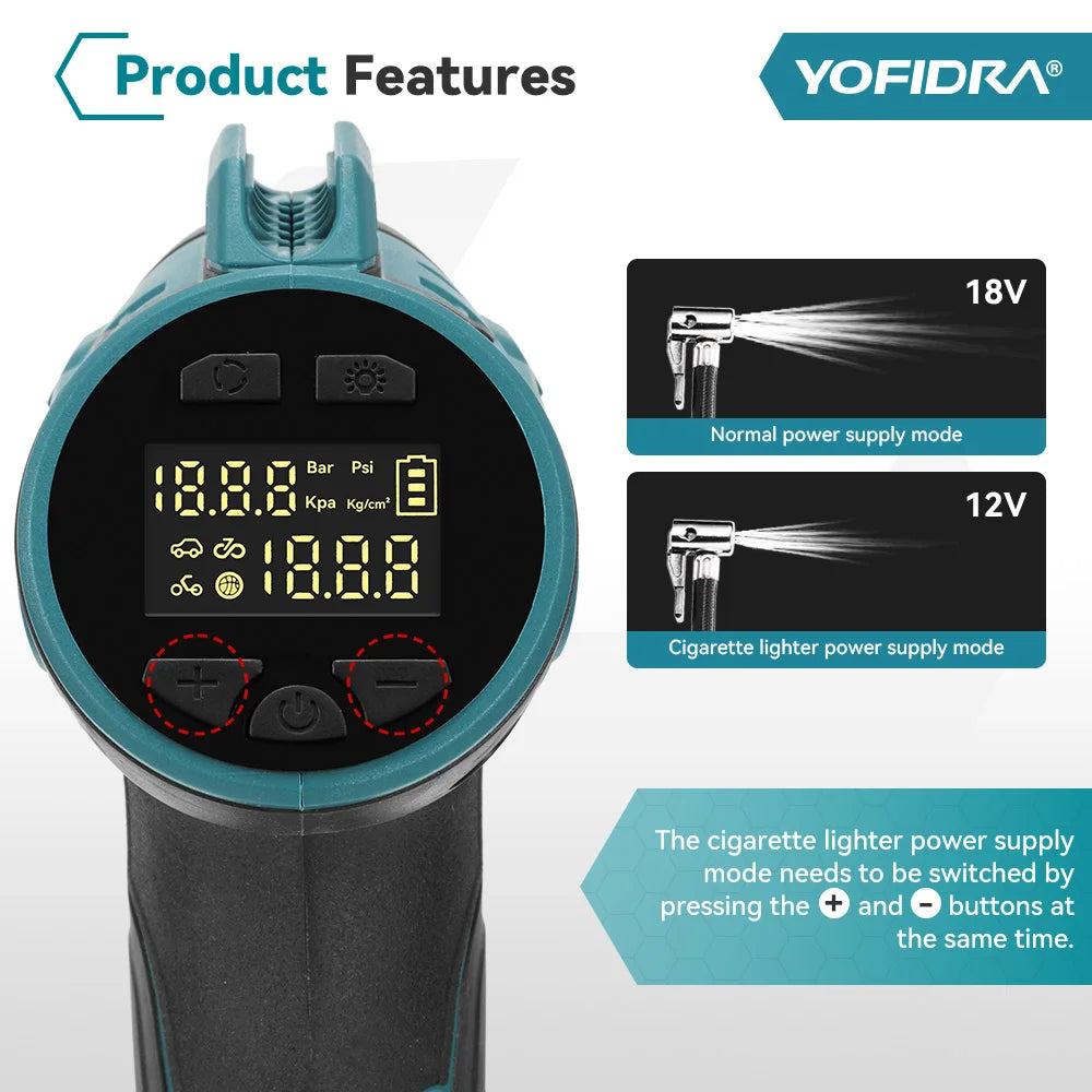 YOFIDRA Opblaasbare Elektrische Luchtpomp Digitaal Display Autobandenpomp Automatische Luchtpomp Elektrisch Gereedschap voor Makita 18-21V Accu Pin
