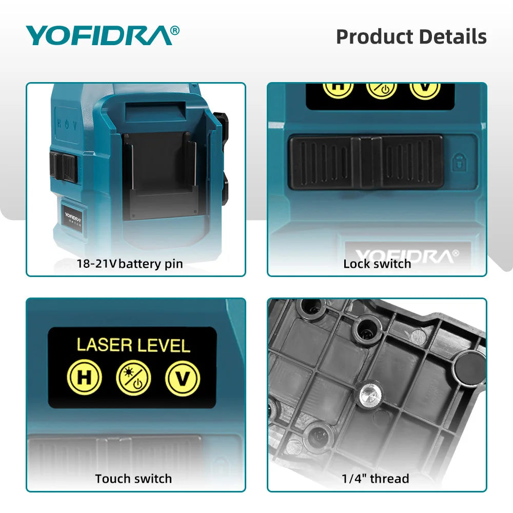 YOFIDRA 4D 16-lijns laserwaterpas zelfnivellerend 360° horizontaal verticaal nivelleergereedschap met 1M statief voor Makita 21V accu
