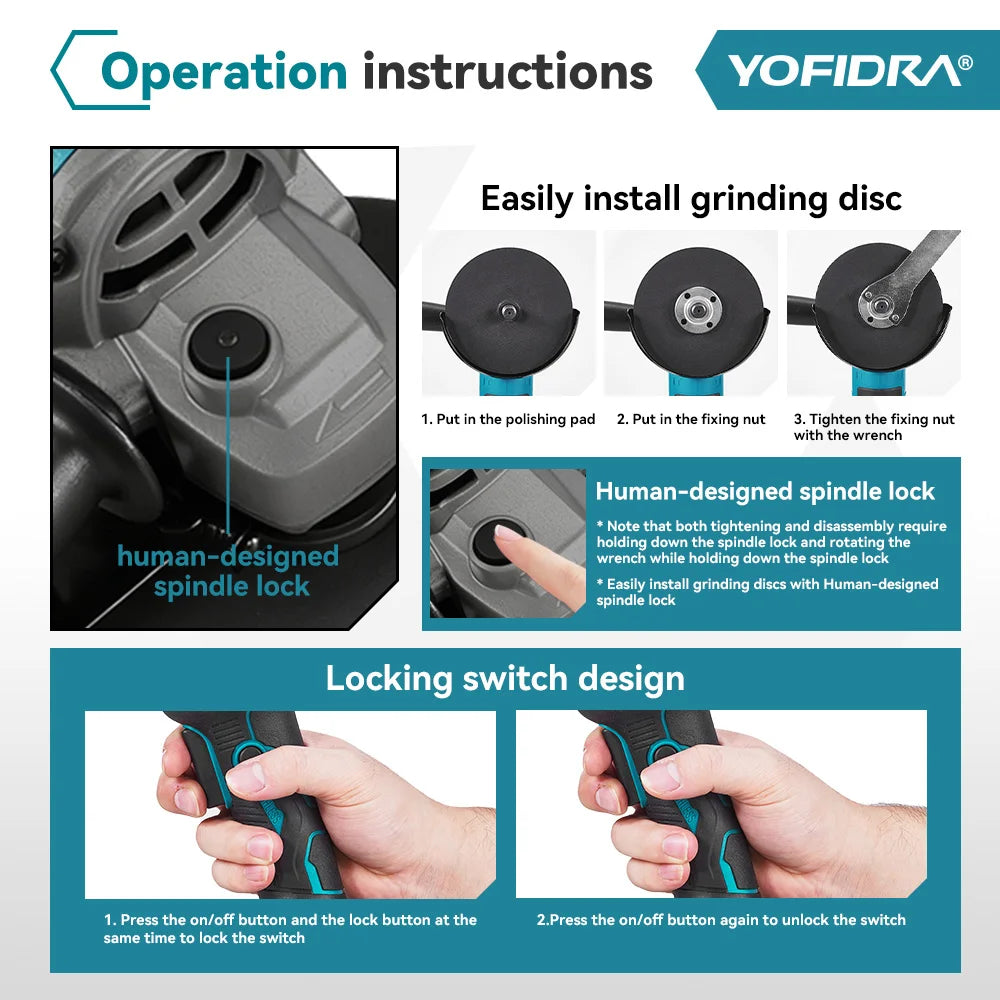 YOFIDRA 125mm 3 Gears Brushless Angle Grinder Cordless Grinding Machine Cutting Woodworking Power Tool For Makita Battery Pin