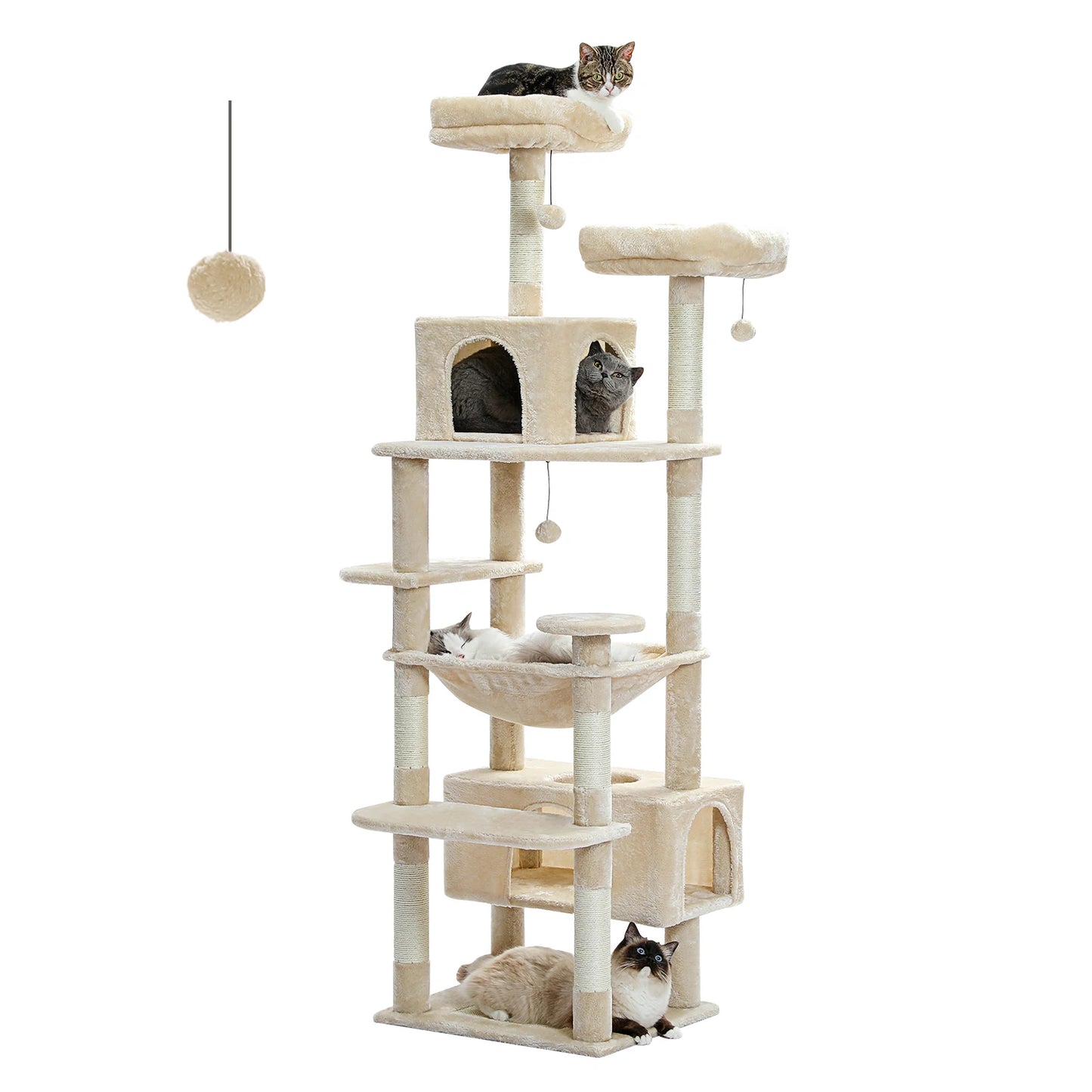 Multi-level cat tree with scratching posts, perches, and enclosed spaces