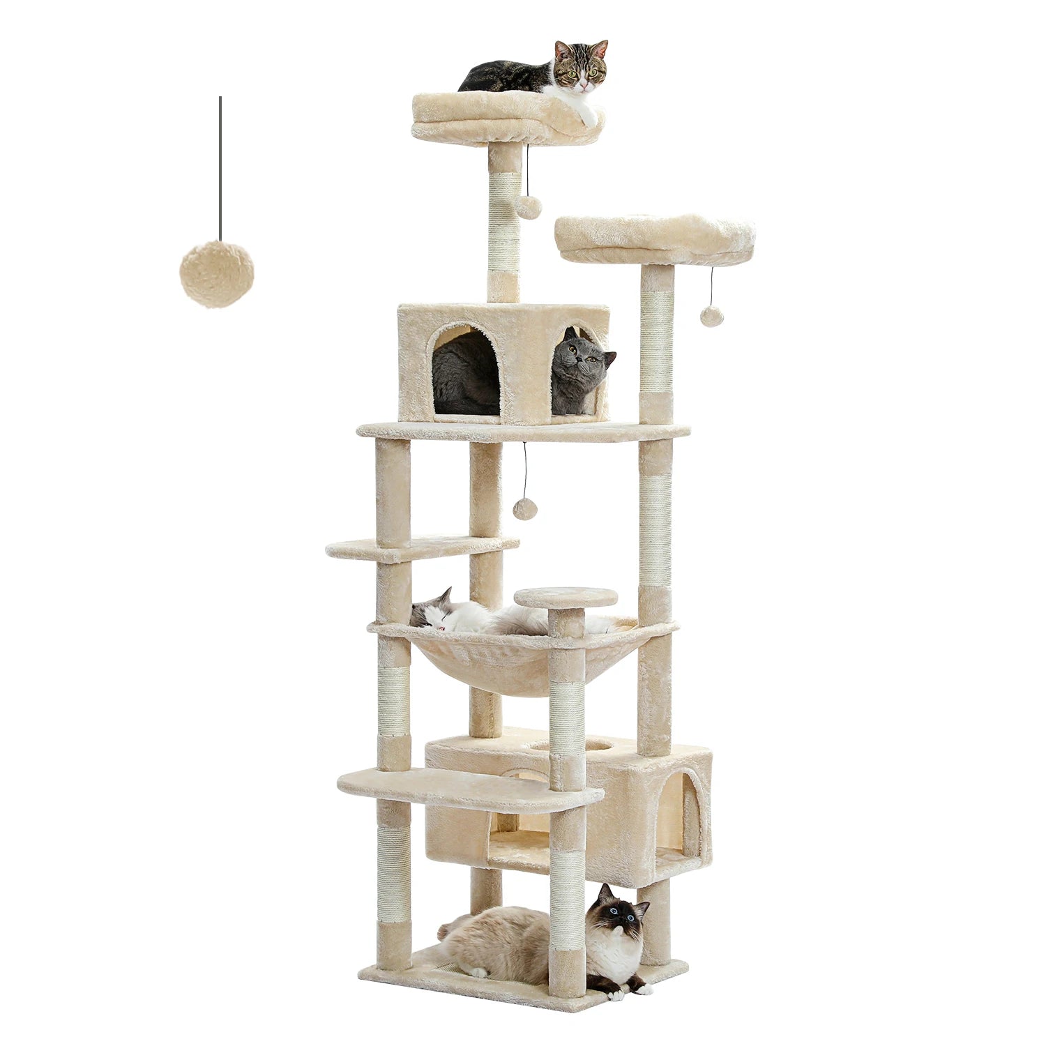 Multi-level cat tree with scratching posts, perches, and enclosed spaces