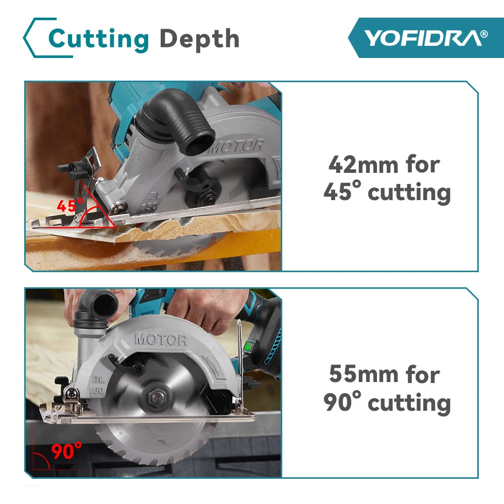 YOFIDRA 6Inch Brushless Electric Circular Saw Handheld Wood PVC Pipe Cutting Tool With 55mm Cutting Depth For Makita Battery Pin