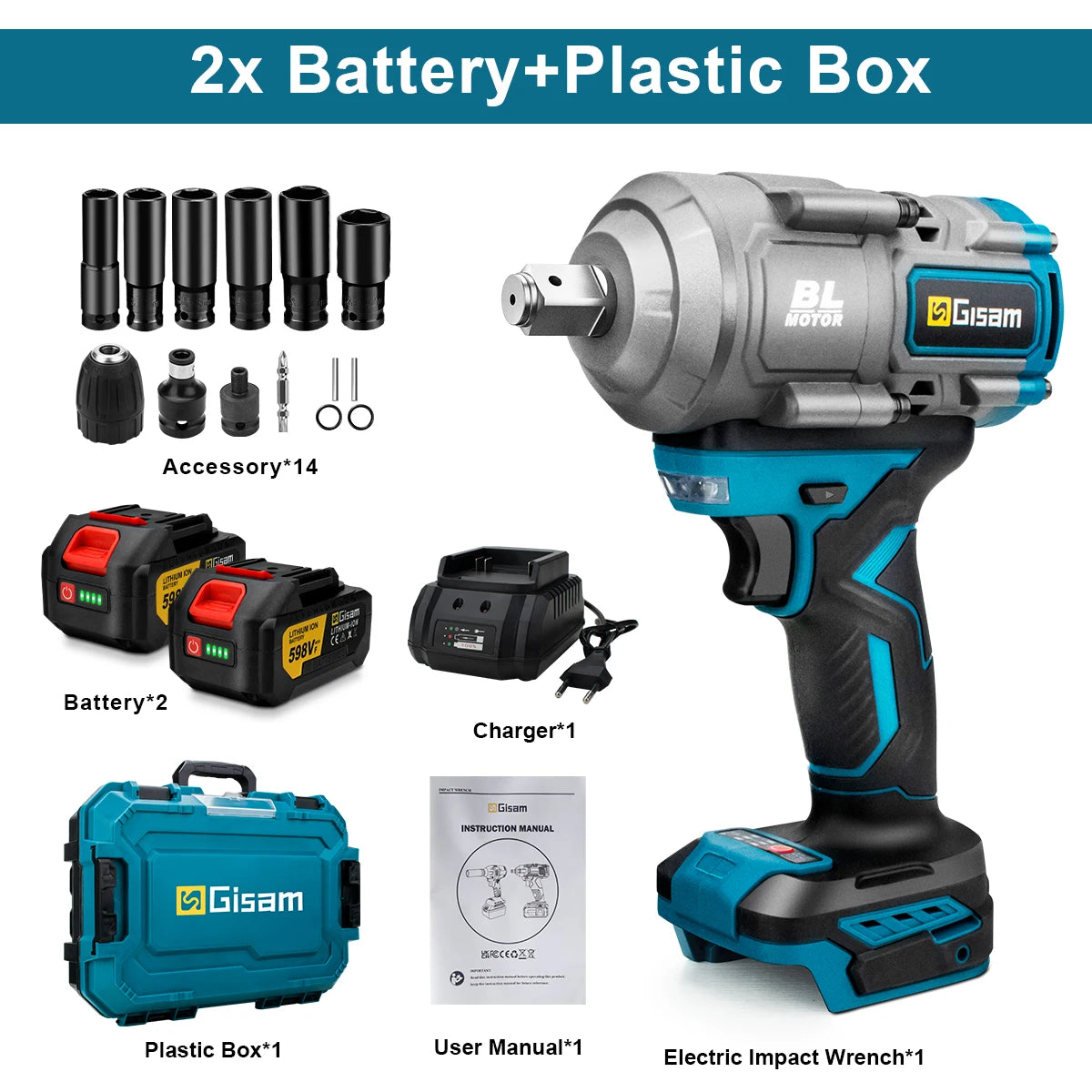 Gisam 2000N.m Brushless Impact Wrench 1/2" Repair Cordless Screwdriver 5Gear Hexs Socket Adapter Kit for Makita 18V Battery Pins