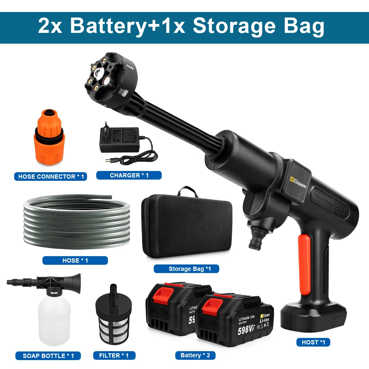 Gisam 200Bar Brushless High Pressure Car Washer 6in1 Electric Car Garden Washing Water Gun Spray Gun for Makita 18V Battery Pin