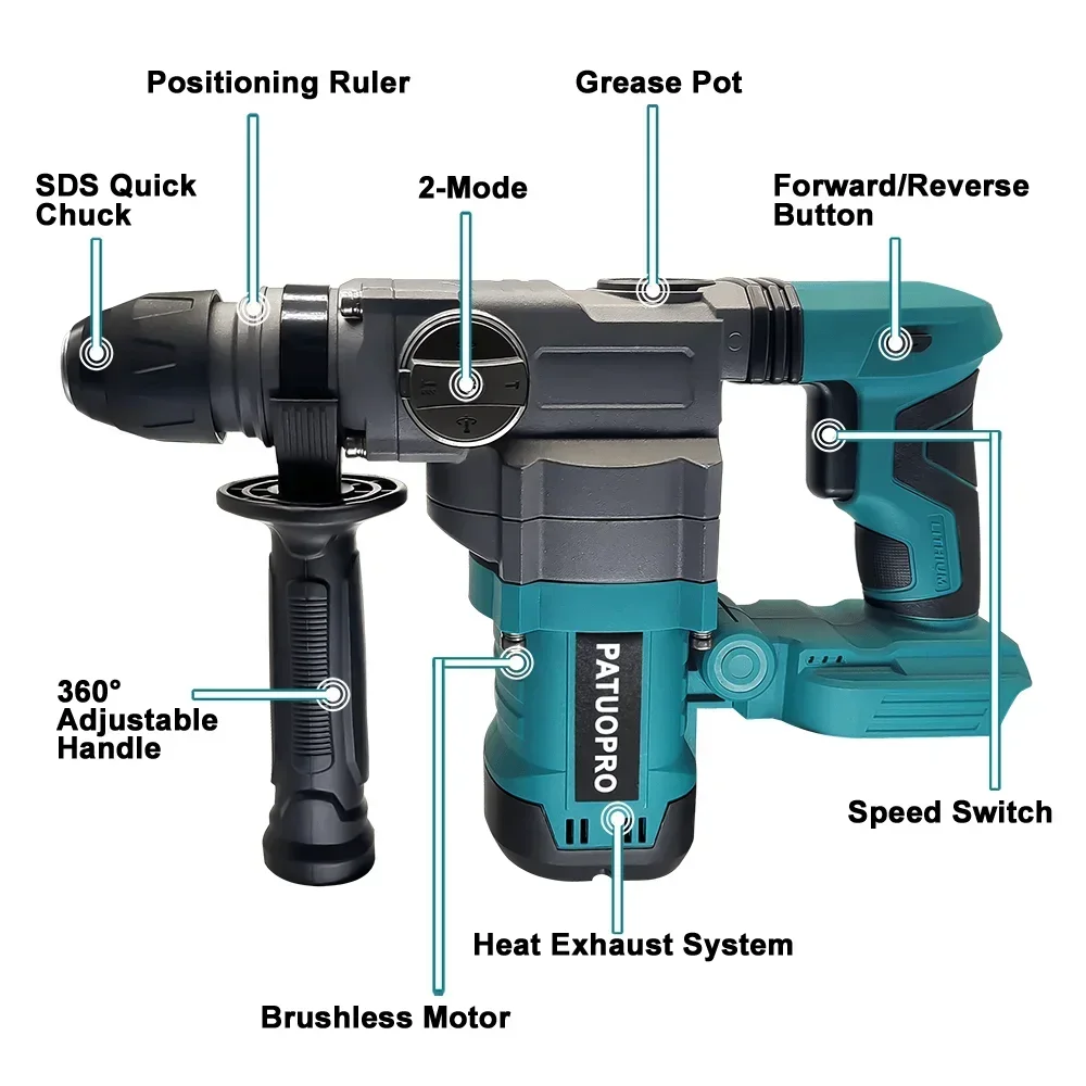 2280W Borstelloze 2-Mode Roterende Elektrische Hamer Handbediende Oplaadbare Klopboormachine Geschikt voor Beton Hout voor Makita 18V Accu
