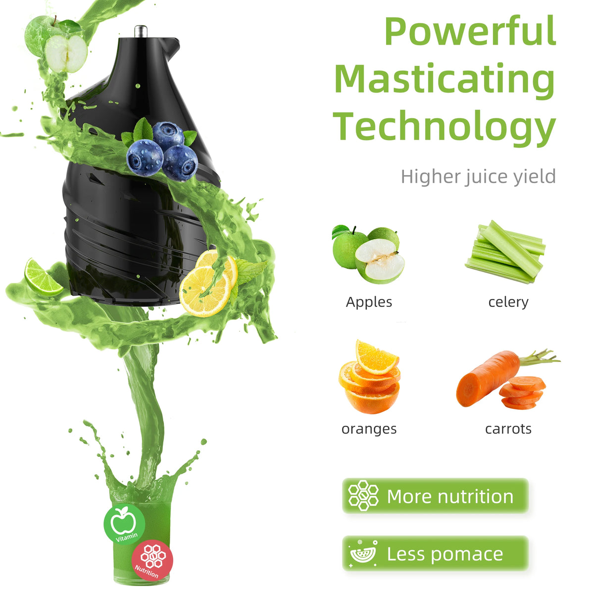 BioloMix Cold Press Juicer 200W Slow Masticating Extractor with 75mm Wide Feed Chute for Whole Fruits and Leafy Greens