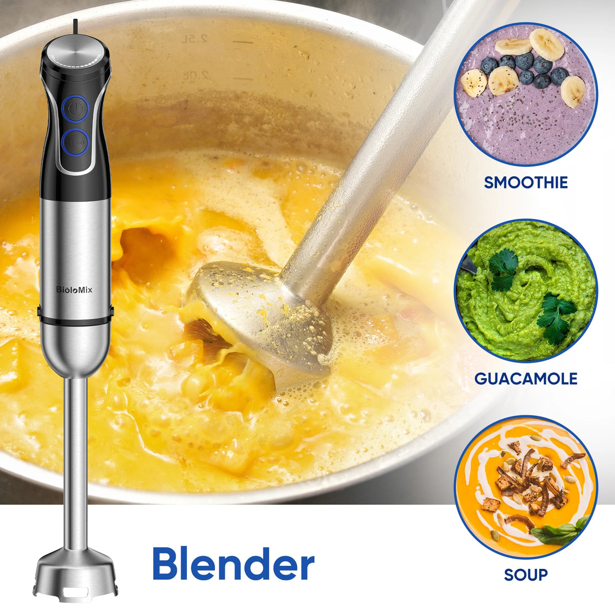 Mixeur plongeant 5 en 1 BioloMix 1500W avec lame en acier inoxydable 304 pour purées, smoothies et préparation d'aliments pour bébés