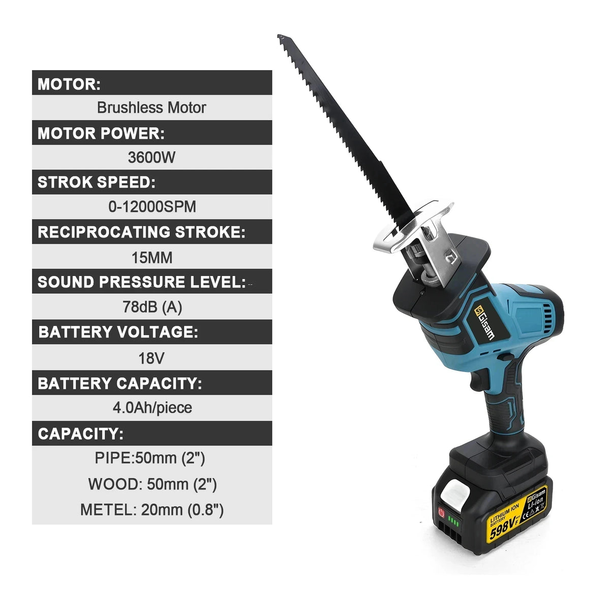 Scie alternative sans balais Gisam 3600W, 12000 tr/min, outil électrique pour la découpe de bois, métal et tuyaux, compatible avec les batteries Makita 18V
