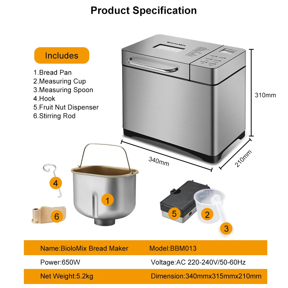 Biolomix 1KG 19-in-1 RVS Automatische Broodbakmachine 650W Programmeerbaar met Fruit- en Notendispenser Keukenapparaat