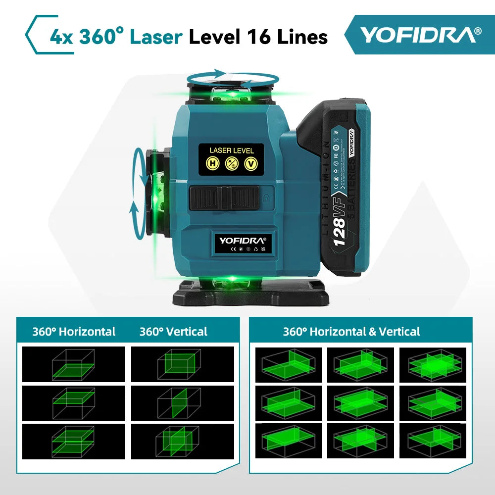 YOFIDRA 16 Lijnen 4D Laserwaterpas Zelfnivellerend 360° Horizontaal Verticaal Nivelleergereedschap met 1M Statief voor Makita 18V Accu Pin
