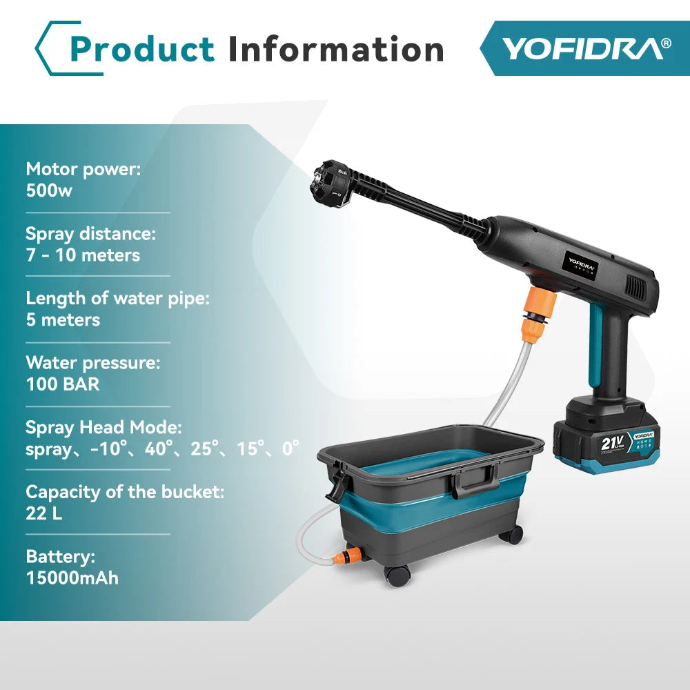 YOFIDRA 6 IN 1 100Bar Electric Water Spray Gun with 22L Foldable Water Bucket Home Car Washing Machine for Makita 18V-21V Battery Pin