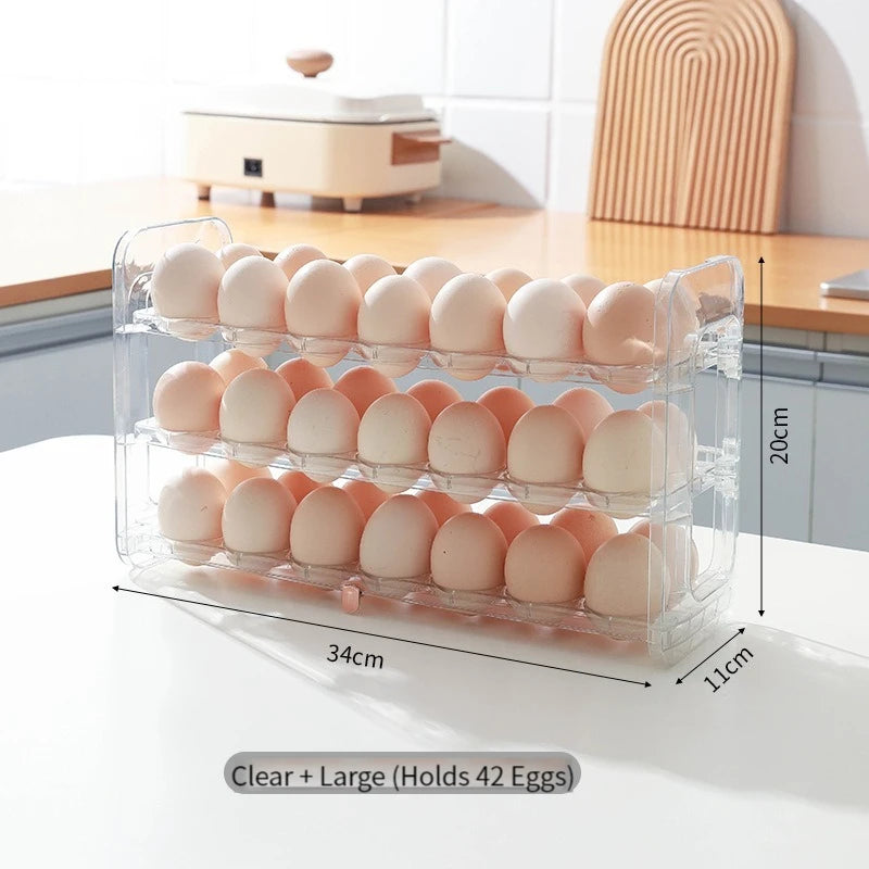 Layers Large Capacity Egg Holder for Refrigerator,Flip Design 30 Eggs Organizer，Foldable Storage Fridge Side Door Egg Organizer