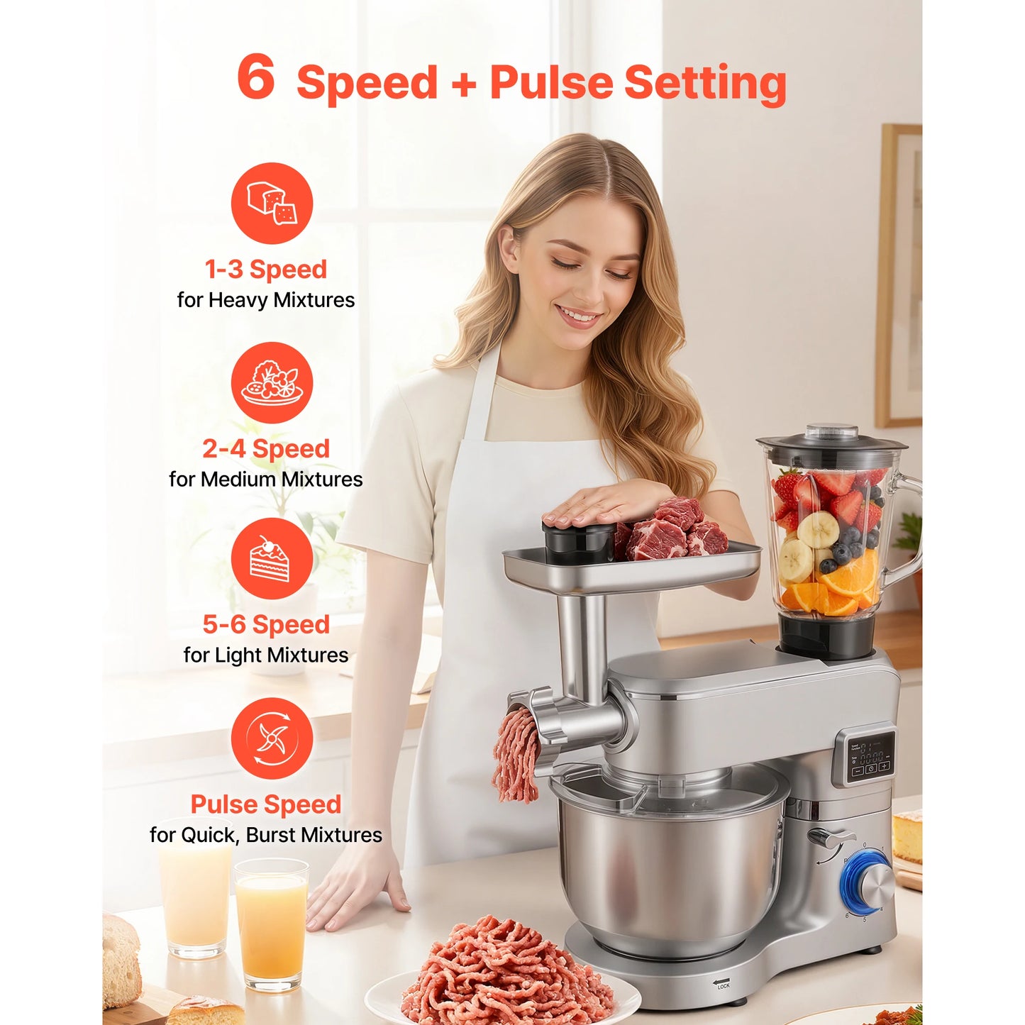 SucceBuy 4.3L 5.7L 6L 7.8L Stand Mixe Electric Kitchen Mixer 1500W Dough-Mixer 6+P Speeds Tilt-head Food-Mixer with 1.5 L Blender Cup