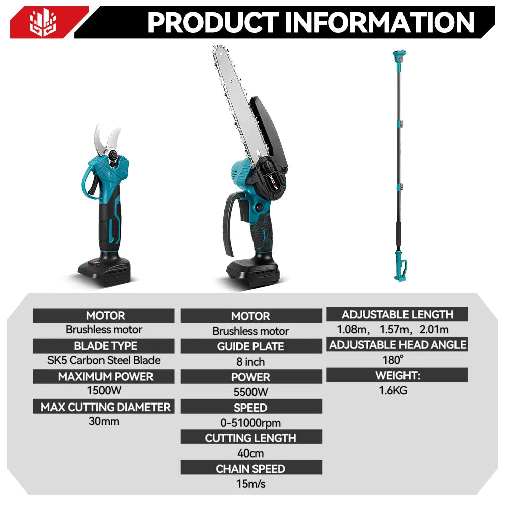ONEVAN Brushless Telescoping Pole Electric Chainsaw 8inch 6inch 30mm Pruning Shears 4IN1 Garden Tool For Makita 18V Battery Pin