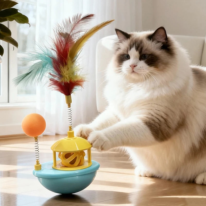 Interactive Cat Tumbler Toy with Bell Ball Funny Pet Feather Toy for Cats Kitten Turntable Toy Cat Accessories