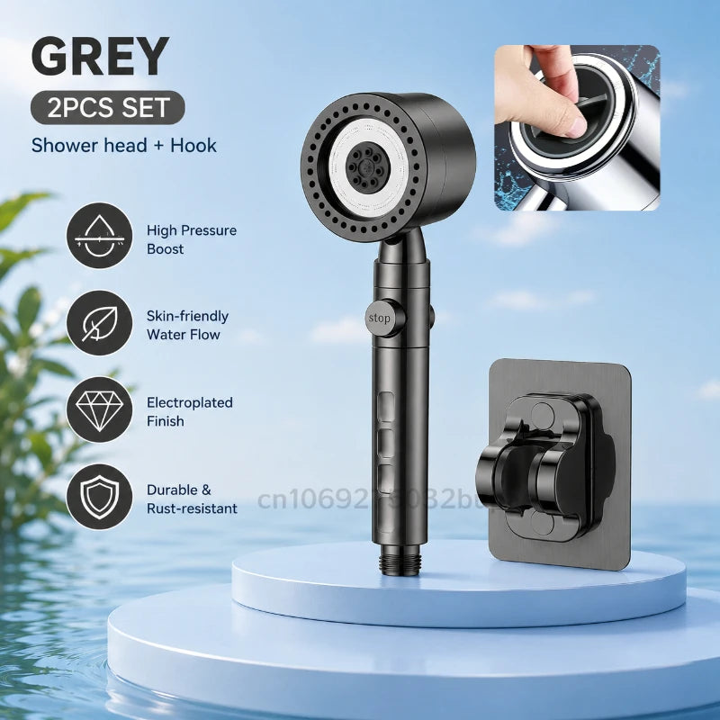 High Pressure Shower Head with Filter 3 Spray Modes Adjustable Large Flow One-Click Stop Water Saving Showerhead for Bathroom