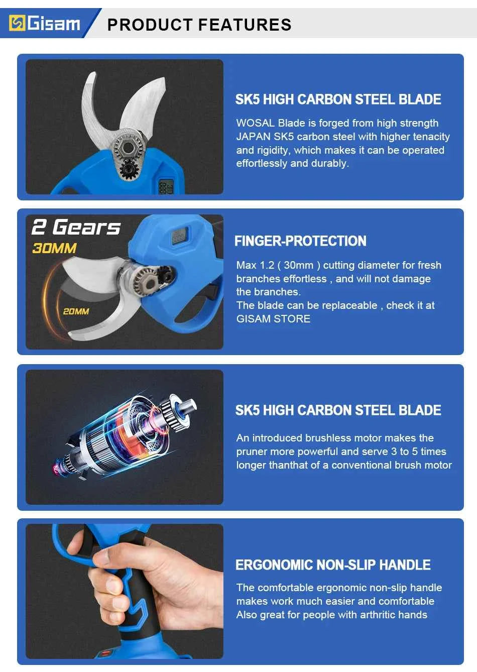 Gisam 30mm Cordless Pruner Shear for Efficient Fruit Tree and Bonsai Pruning with Makita 18V Battery