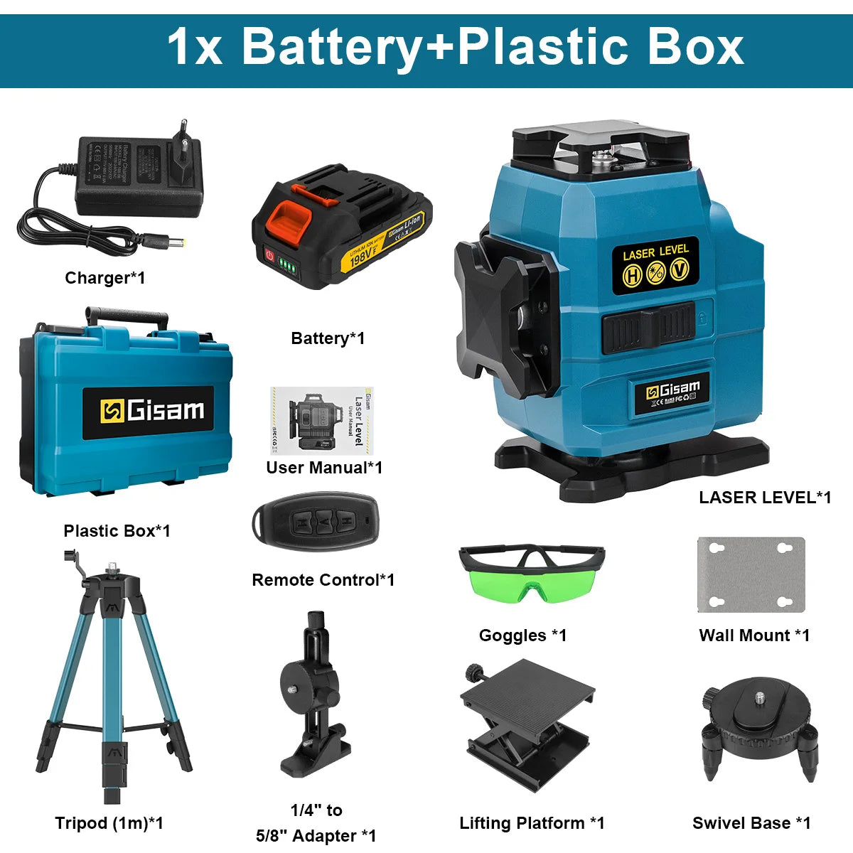 Gisam 16 Lines 4D Laser Level 360 Vertical & Horizontal Lasers Professional Super Power Green Beam For Makita 18V Battery Pins