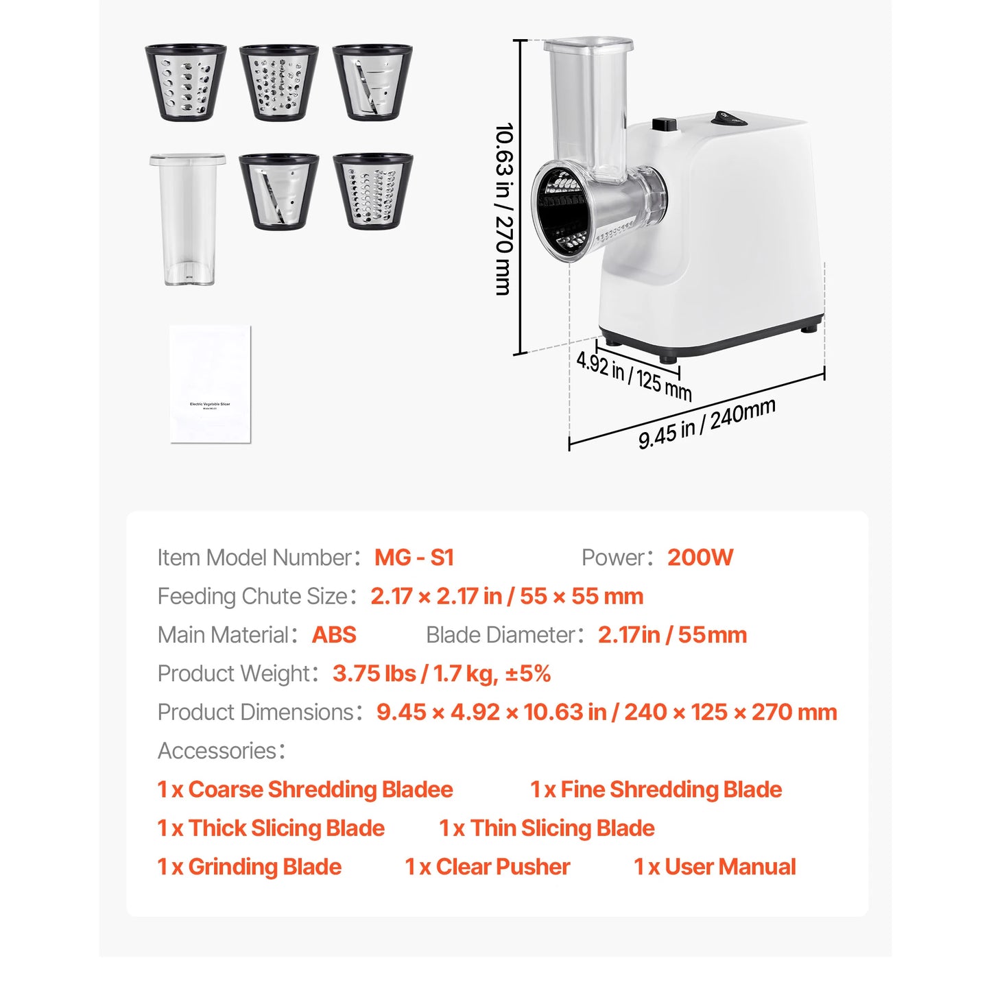 SucceBuy Electric Cheese Grater Salad Maker 200W Salad Shooter Electric Vegetable Slicer Shredder Chopper for Fruits with 5 Att