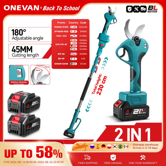 ONEVAN 45MM Brushless Telescoping Pole Electric Pruning Shear 2 IN 1 High Branch Garden Power Tool For 21V 18V Battery
