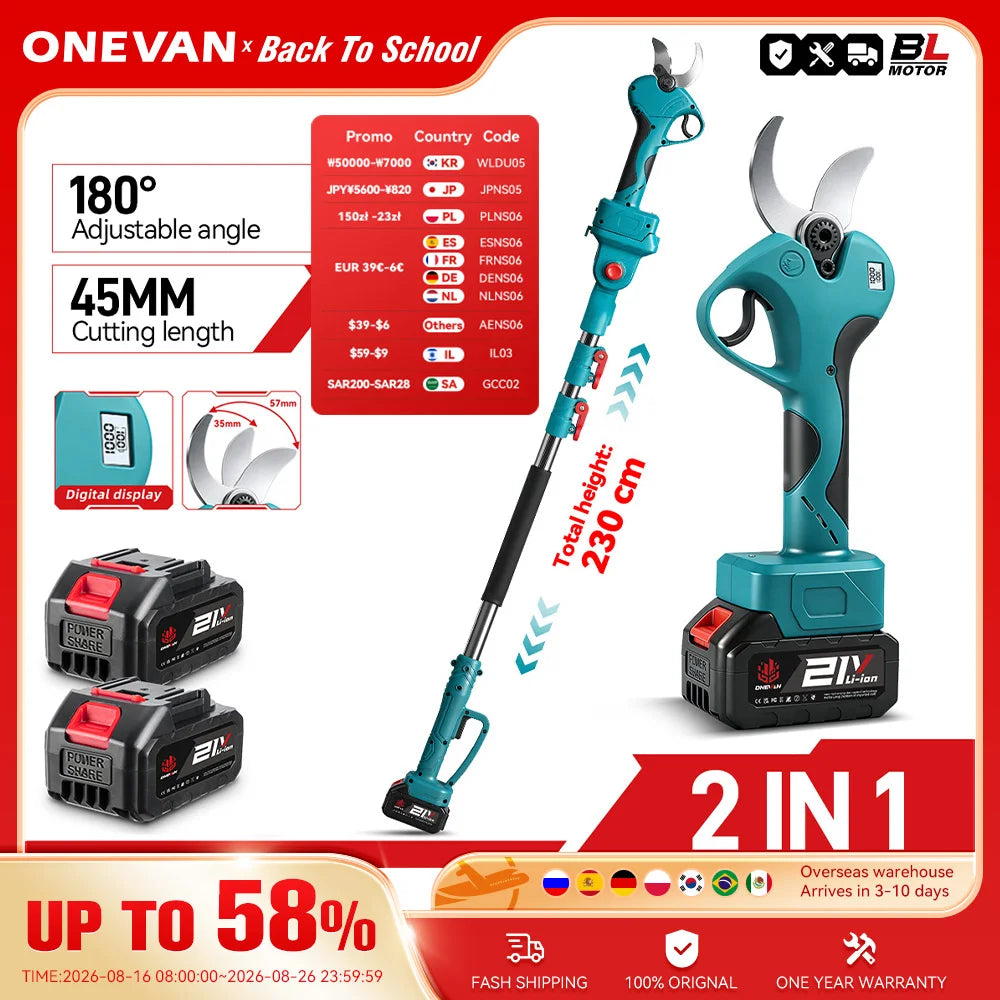 45MM 201CM Borstelloze telescopische elektrische snoeischaar 2-in-1 snoerloos tuingereedschap voor hoge takken voor Makita 18V-accu