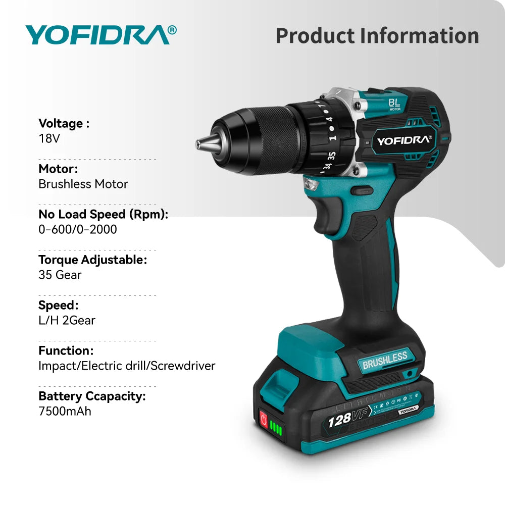 YOFIDRA 13MM Borstelloze Elektrische Slagboormachine 35+3 Koppel Snoerloze Houtbewerkingsschroevendraaier Elektrisch Gereedschap voor Makita Accu Pin
