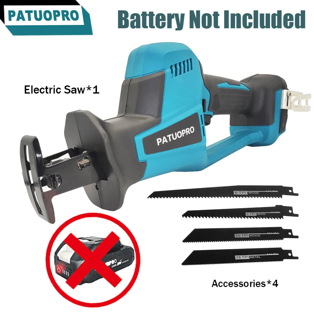 255 mm borstelloze elektrische reciprozaag met 4 zaagbladen, snoerloos, instelbare snelheid, voor PVC-buizen en hout, geschikt voor Makita 18V-accu