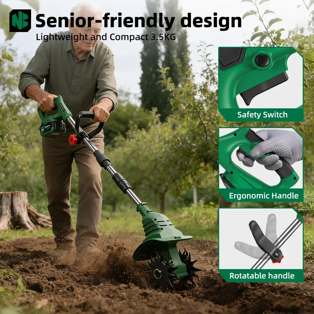 NEWBENY Motobineuse électrique rotative, cultivateur, coupe-bordures portable, outil de jardinage pour labourage et tonte, compatible avec batteries Makita 18-21V