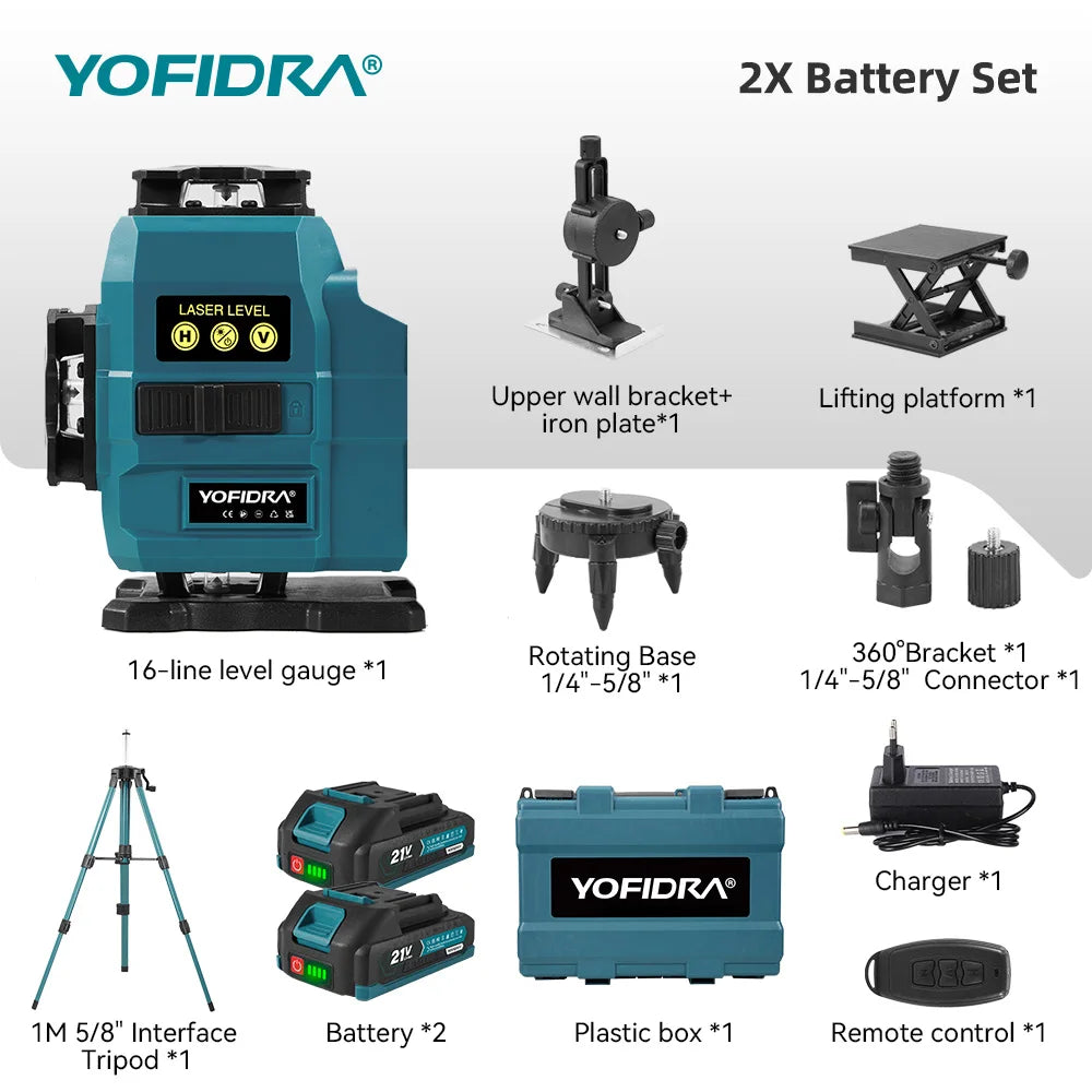 Niveau laser YOFIDRA 4D 16 lignes à nivellement automatique, outils de mise à niveau horizontale et verticale à 360° avec trépied de 1M pour batterie Makita 21V
