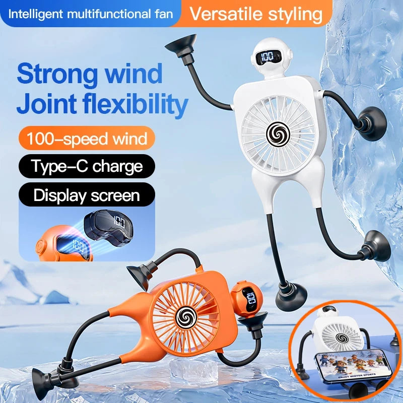 Mini 2-in-1 USB Cartoon Fan with Suction Cup & Digital Display - Perfect Phone Holder for Desktop Fun!