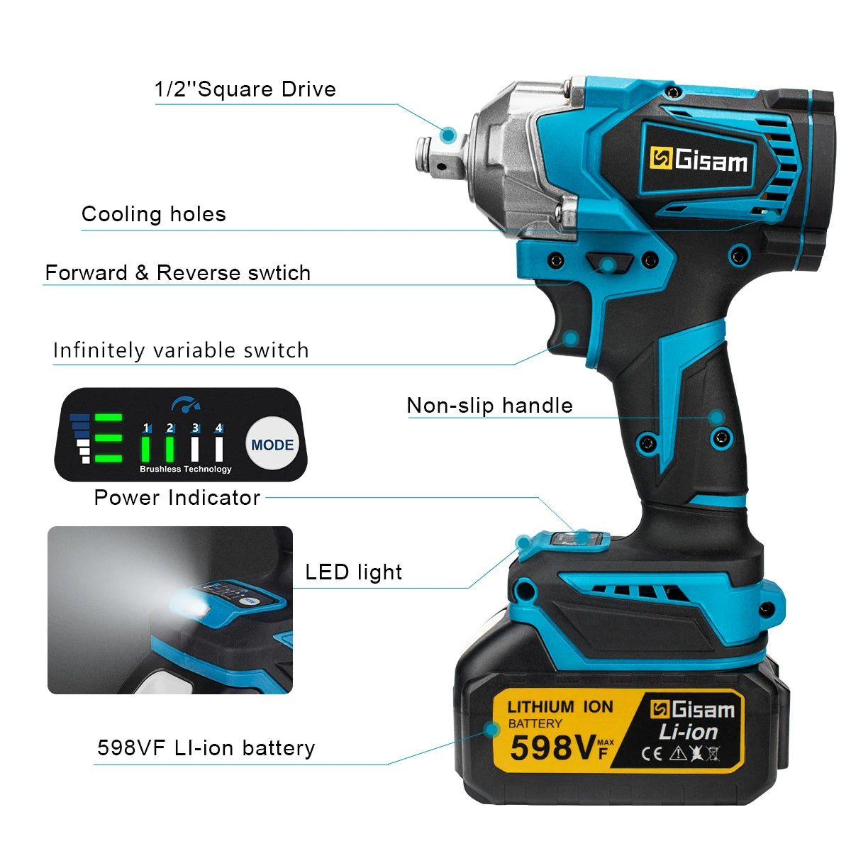 Gisam 1200NM Borstelloze Elektrische Slagmoersleutel Oplaadbaar 1/2" Autobanden Snoerloos Elektrisch Gereedschap voor Makita 18V Accu Pin