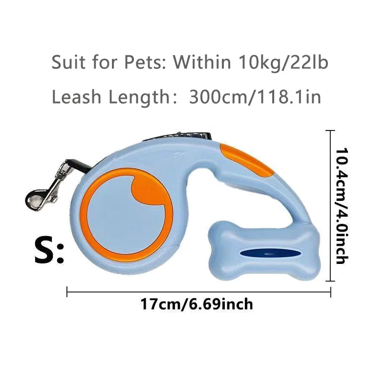 300cm/118.1in Automatic Retractable Dog Leash Pet Leash for Small Medium Dogs Outdoor Puppy Lead with Pet Waste Bag Dispenser