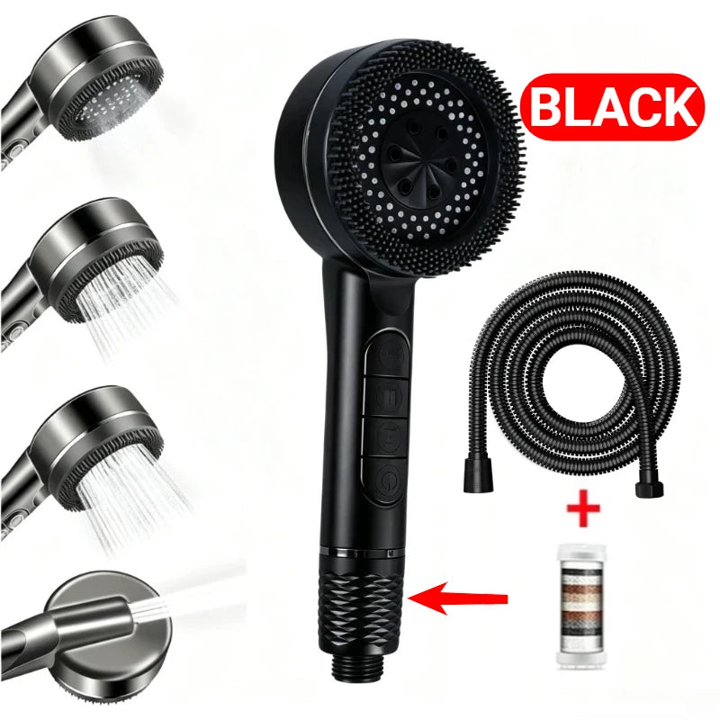 High Pressure Shower Head 4 Modes Handheld Body Brush Chlorine Removal Filter Large Flow Water Saving Showerhead for Bathroom
