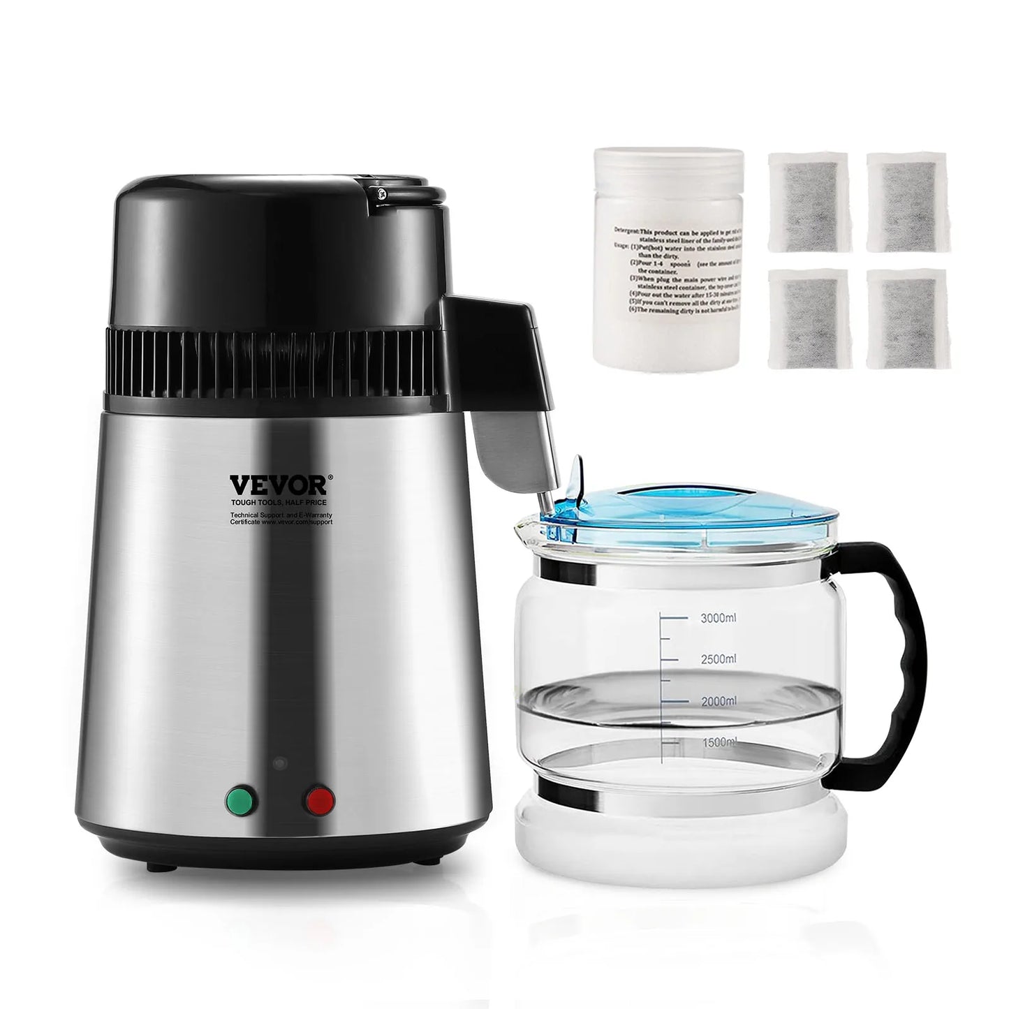 Succebuy Water Distiller 4L 1.05 Gallon Pure Water Purifier Filter For Home Countertop750W Distilled Water Maker Stainless Steel