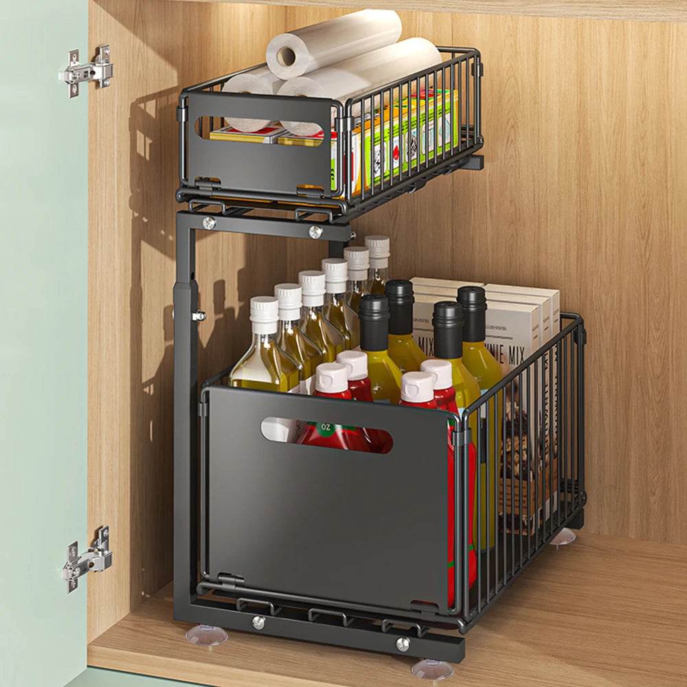 Adjustable Kitchen Storage Rack, Pull Out Cabinet Organizer Under Sink Spice Jar Storage Stand Slide Out Drawer - Quality Shopping Centre