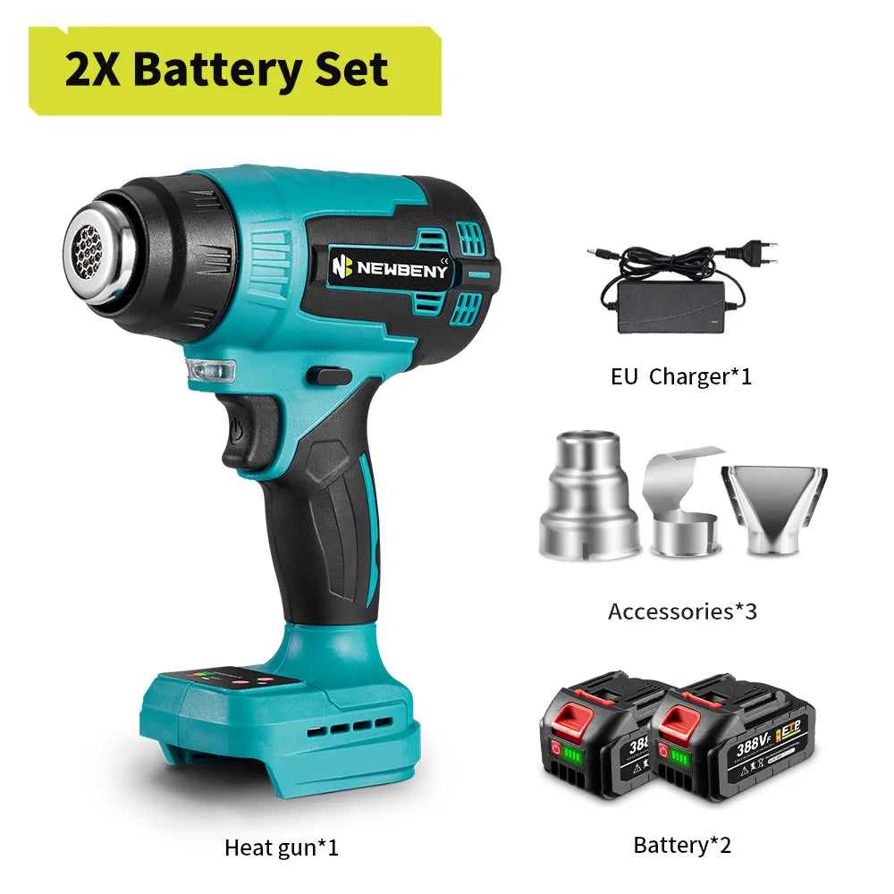 NEWBENY Pistolet à air chaud électrique 2000W 500℃, 9 vitesses, portable, sans fil, rechargeable, outil électrique industriel et domestique pour batterie Makita