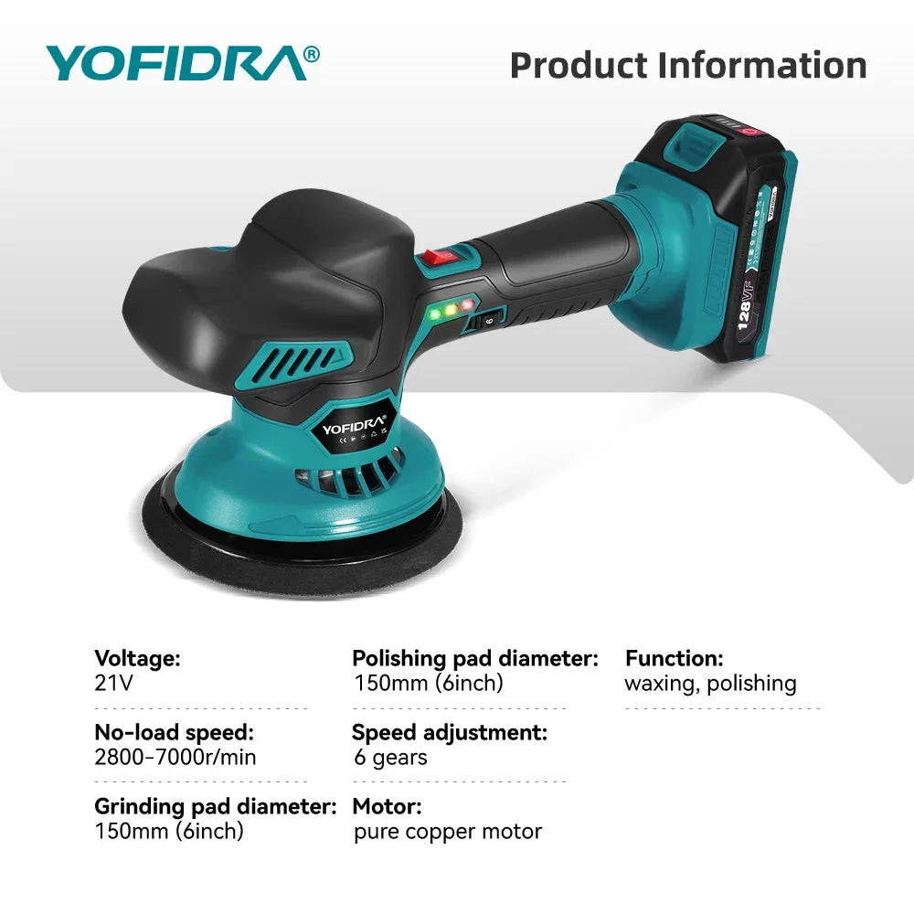 YOFIDRA 150MM Elektrische Autopolijstmachine 7000RPM Auto Polijsten Schuren Waxen Verzegelen Glazuur Elektrisch Gereedschap voor Makita 18V Accu