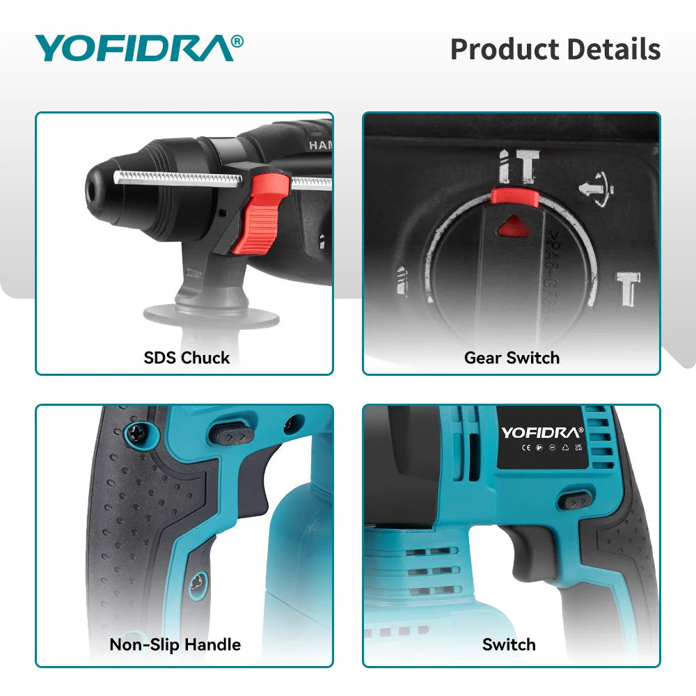 Perceuse à percussion sans fil YOFIDRA, marteau perforateur électrique sans balais 26 mm, ensemble d'outils électroportatifs pour le travail du bois, compatible avec batterie Makita 18V