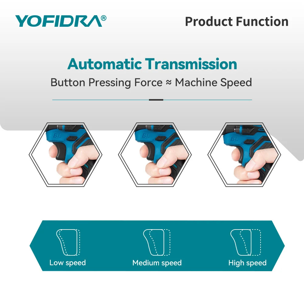 YOFIDRA 900N.M 13MM Brushless Electric Impact Drill 20+3 Torque Handheld Drilling Screwdriver Power Tool For Makita Battery Pin