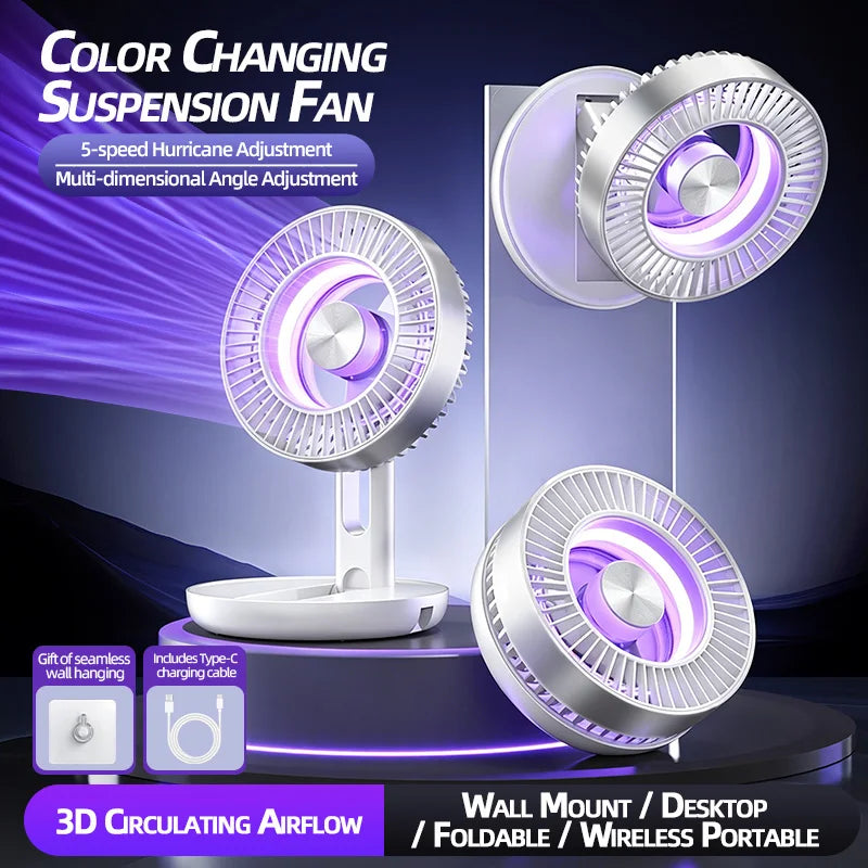 Foldable Desk Fan High-Speed Levitation Circulation Fan With 5-Speed Adjustment LED Ambient Light Foldable Electric fan Type-C