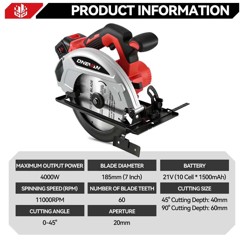 ONEVAN 4000W Brushless Electric Circular Saws 7Inch 185mm Cordless Electric Cutting Woodworking Tool For Makita 18V Battery Pin