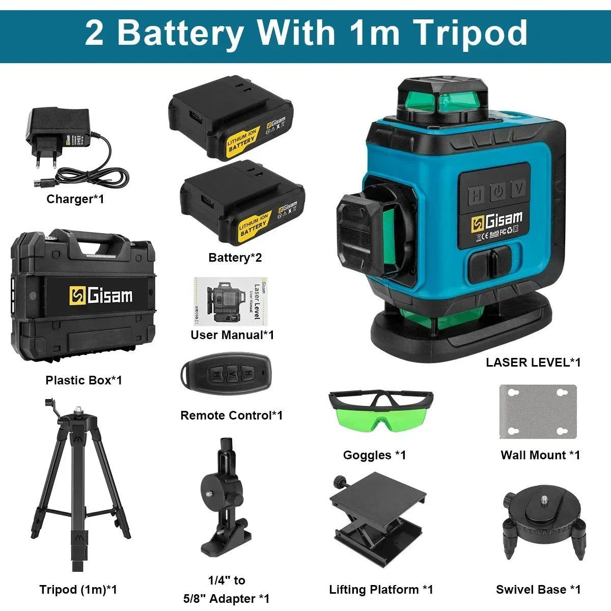 Gisam 4D 16-lijns 360° zelfnivellerende laserwaterpas met statief en koffer, professioneel horizontaal en verticaal lasermeetinstrument