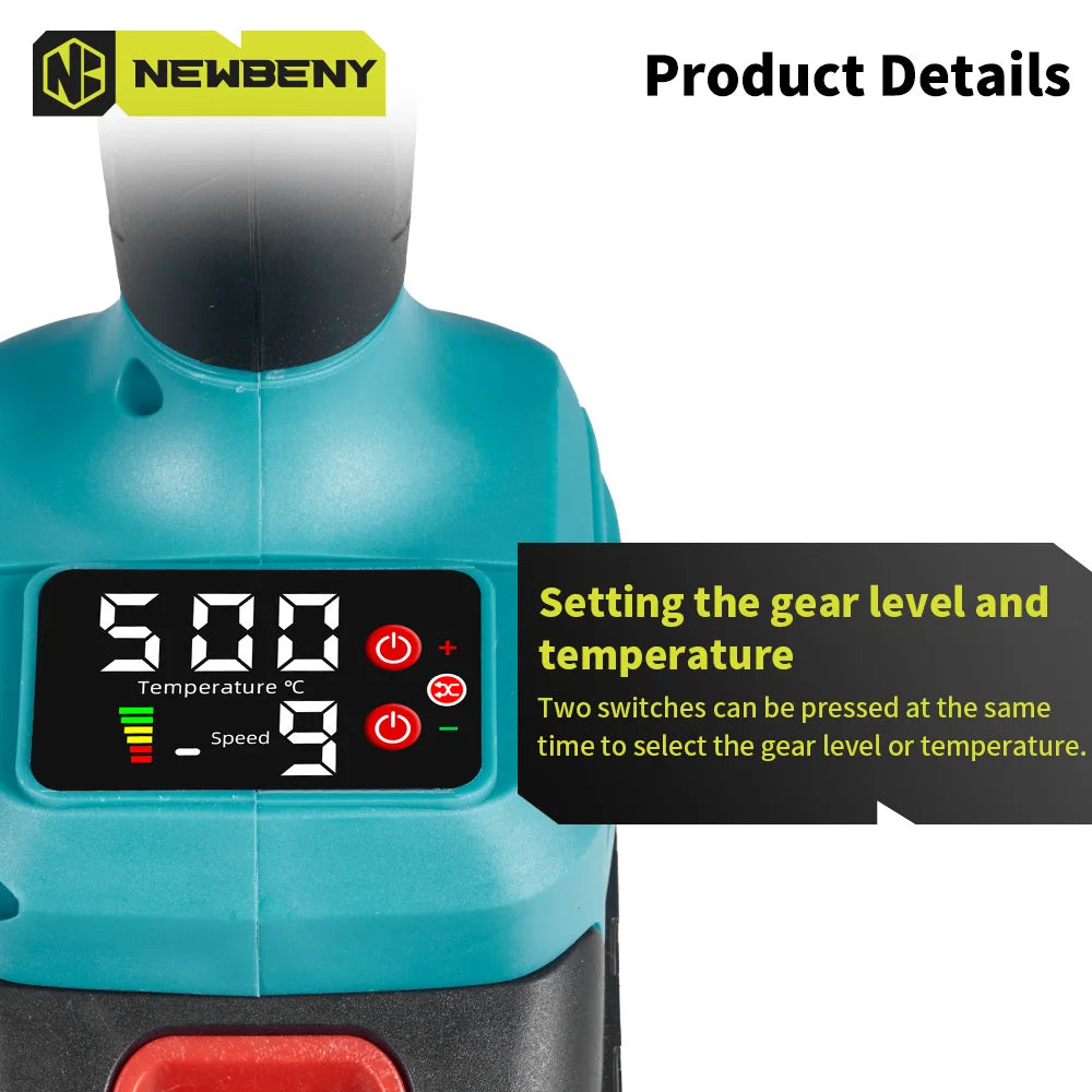 NEWBENY Pistolet à air chaud électrique 2000W 500℃, 9 vitesses, portable, sans fil, rechargeable, outil électrique industriel et domestique pour batterie Makita