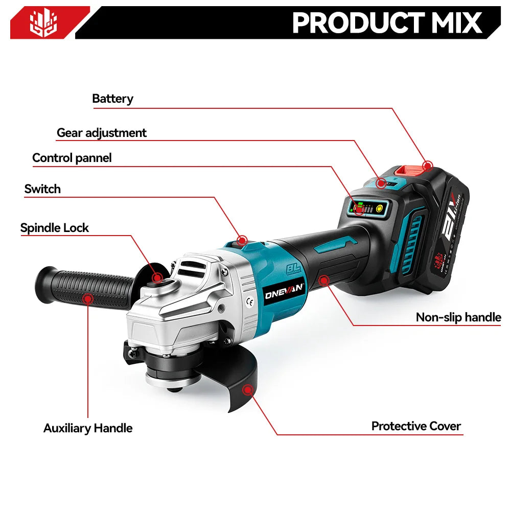 ONEVAN 6Gears Brushless Electric Angle Grinder 125MM Rechargeable Angle Grinder Polishing Power Tools For Makita 18V Battery Pin