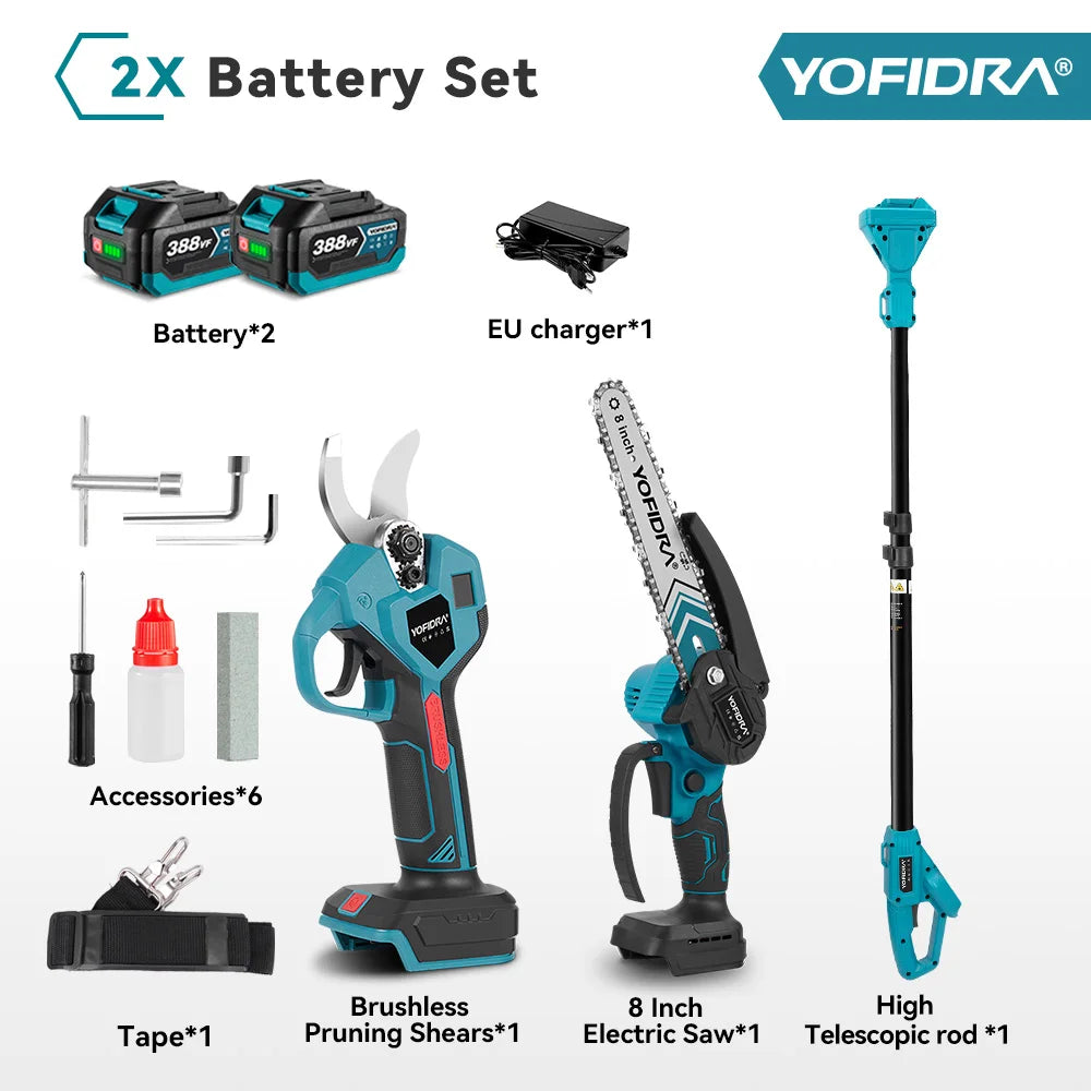YOFIDRA Borstelloze elektrische kettingzaag met telescopische steel, 3-in-1 takkenzaag voor houtbewerking en snoeien, elektrisch gereedschap voor Makita-accu