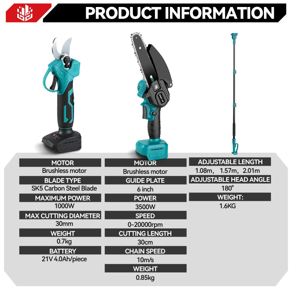 ONEVAN Brushless Telescoping Pole Electric Chainsaw 8inch 6inch 30mm Pruning Shears 4IN1 Garden Tool For Makita 18V Battery Pin