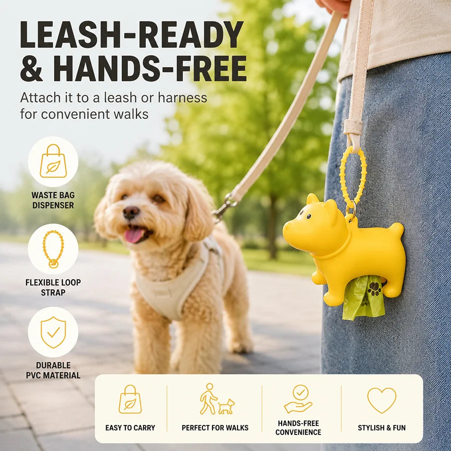 Dog Poop Bag Holder PVC Dog Shape Waste Bag Dispenser Clip-on Leash Backpack Portable Pet Cleanup Box for Outdoor Walks Trips